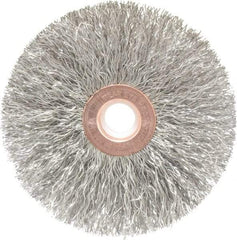 Weiler - 3" OD, 1/2" Arbor Hole, Crimped Stainless Steel Wheel Brush - 5/8" Face Width, 1" Trim Length, 0.0118" Filament Diam, 20,000 RPM - Exact Tool & Supply