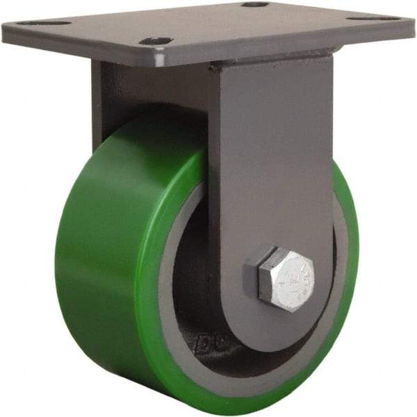 Hamilton - 6" Diam x 3" Wide x 8" OAH Top Plate Mount Rigid Caster - Polyurethane Mold onto Cast Iron Center, 2,200 Lb Capacity, Tapered Roller Bearing, 5-1/4 x 7-1/4" Plate - Exact Tool & Supply