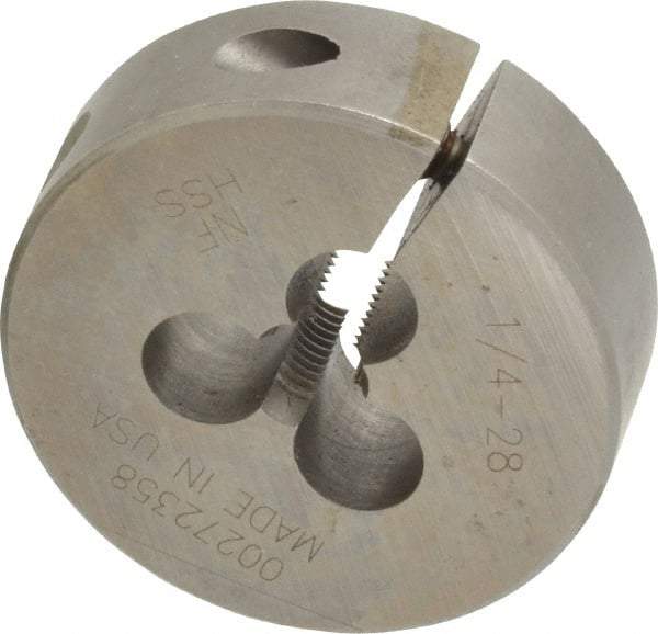 Made in USA - 1/4-28 UNF Thread, 1-1/2" Outside Diam High Speed Steel Round Die - 1/2" Thick, Right Hand Thread, Adjustable - Exact Tool & Supply