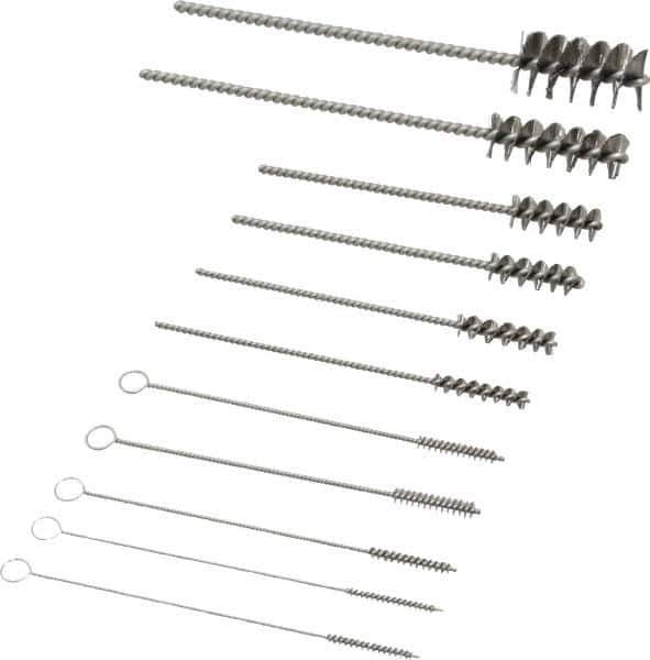 PRO-SOURCE - 11 Piece Stainless Steel Hand Tube Brush Set - 3/4" to 1-1/2" Brush Length, 4" OAL, 0.034" Shank Diam, Includes Brush Diams 1/4", 5/16", 3/8", 1/2" & 3/4" - Exact Tool & Supply