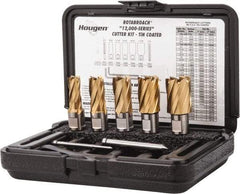 Hougen - 8 Piece, 9/16 to 1-1/16" Cutter Diam, 1" Cutting Depth, High Speed Steel Annular Cutter Set - TiN Finish, 3/4" Shank Diam, 9/16, 11/16, 13/16, 15/16, 1-1/16" Cutter Diams, 2 Flats on Shank - Exact Tool & Supply