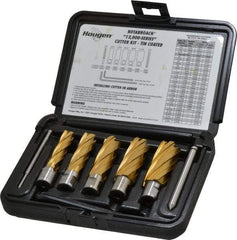 Hougen - 9 Piece, 9/16 to 1-1/16" Cutter Diam, 2" Cutting Depth, High Speed Steel Annular Cutter Set - TiN Finish, 3/4" Shank Diam, 9/16, 11/16, 13/16, 15/16, 1-1/16" Cutter Diams, 2 Flats on Shank - Exact Tool & Supply
