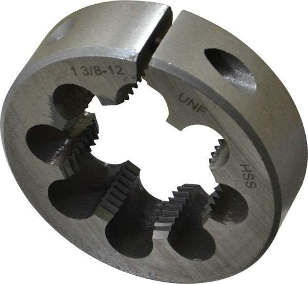 Interstate - 1-3/8 - 12 UNF Thread, 2-1/2" Outside Diam High Speed Steel Round Die - Right Hand Thread, Adjustable - Exact Tool & Supply