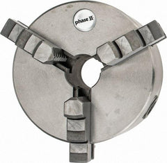 Phase II - 3 Jaws, 5" Diam, Self Centering Manual Lathe Chuck - Plain Back Mount Spindle, Reversible, 1.18" Through Hole Diam, Cast Iron - Exact Tool & Supply