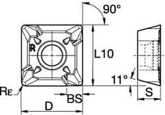 Kennametal - SPCT31251 LE Grade KC410M Carbide Milling Insert - TiB2 Finish, 5/32" Thick, 10mm Inscribed Circle, 0.4mm Corner Radius - Exact Tool & Supply