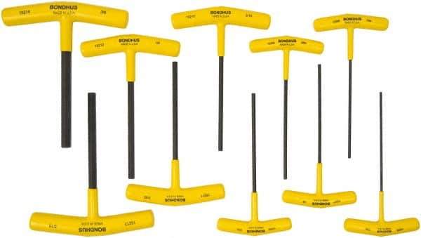 Bondhus - 10 Piece T-Handle Cushion Grip Hex Key Set - Hex Range 3/32 to 3/8", 6" OAL, Protanium High Torque Steel - Exact Tool & Supply