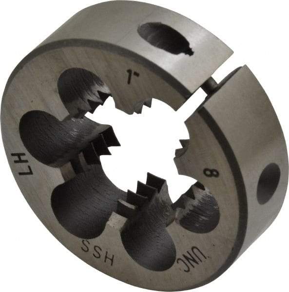 Interstate - 1-8 UNC Thread, 2" Outside Diam High Speed Steel Round Die - Left Hand Thread, Adjustable - Exact Tool & Supply