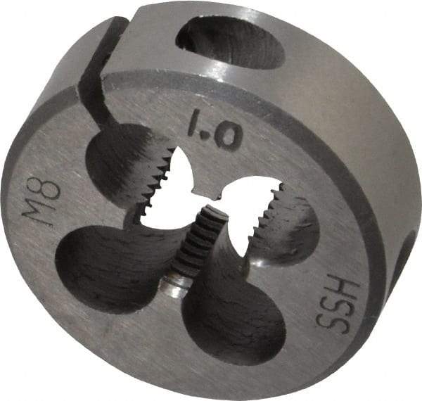 Interstate - M8x1.00 Metric Fine Thread, 1" Outside Diam High Speed Steel Round Die - Right Hand Thread, Adjustable - Exact Tool & Supply
