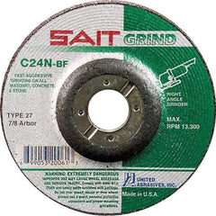 Sait - 24 Grit, 9" Wheel Diam, 1/4" Wheel Thickness, 7/8" Arbor Hole, Type 27 Depressed Center Wheel - Silicon Carbide, Resinoid Bond, N Hardness, 6,600 Max RPM, Compatible with Angle Grinder - Exact Tool & Supply