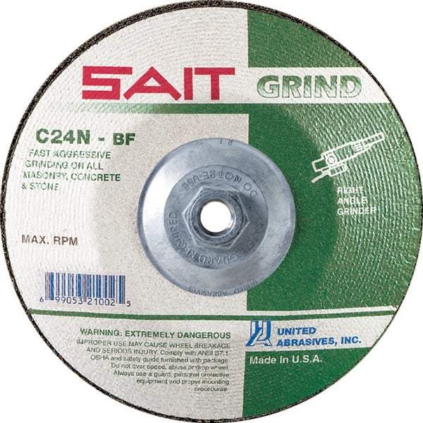 Sait - 24 Grit, 5" Wheel Diam, 1/4" Wheel Thickness, Type 27 Depressed Center Wheel - Silicon Carbide, Resinoid Bond, N Hardness, 12,200 Max RPM, Compatible with Angle Grinder - Exact Tool & Supply
