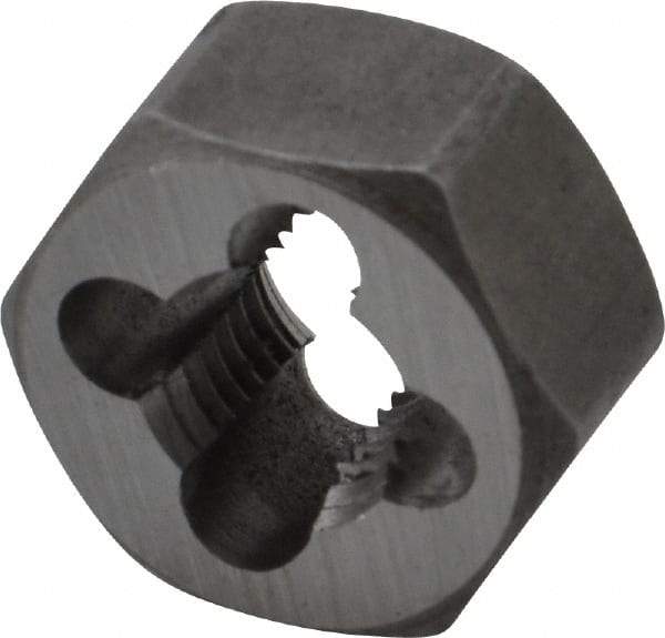 Interstate - M10x1.25 Metric Fine Thread, 25/32" Hex, Right Hand Thread, Hex Rethreading Die - Carbon Steel, 7/16" Thick - Exact Tool & Supply