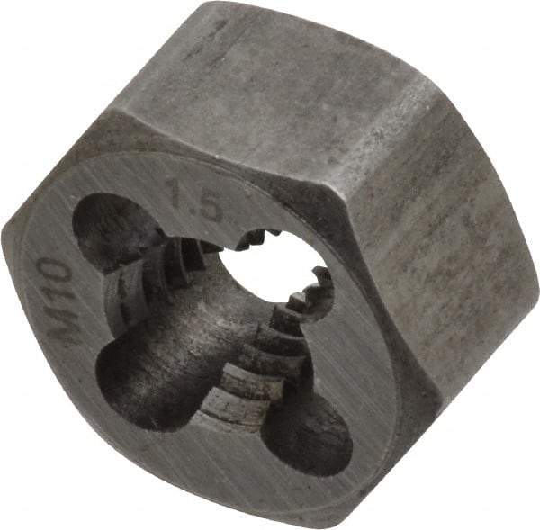 Interstate - M10x1.50 Metric Coarse Thread, 25/32" Hex, Right Hand Thread, Hex Rethreading Die - Carbon Steel, 7/16" Thick - Exact Tool & Supply