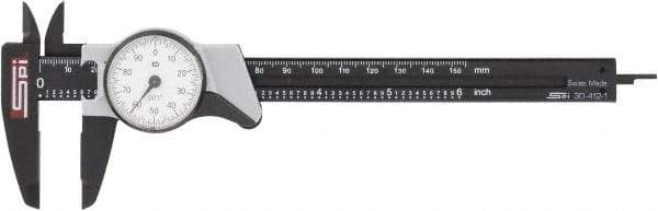 SPI - 0" to 6" Range, 0.001" Graduation, 0.1" per Revolution, Dial Caliper - White Face, 1.57" Jaw Length - Exact Tool & Supply