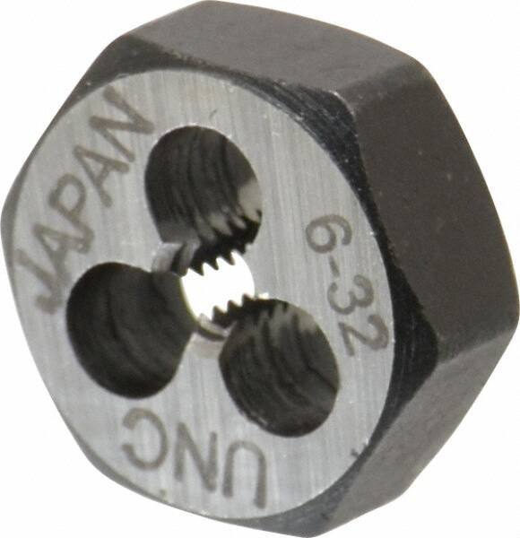 Interstate - #6-32 UNC Thread, 19/32" Hex, Right Hand Thread, Hex Rethreading Die - Carbon Steel, 1/4" Thick - Exact Tool & Supply