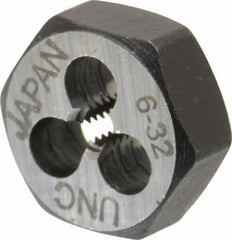Interstate - #6-32 UNC Thread, 19/32" Hex, Right Hand Thread, Hex Rethreading Die - Carbon Steel, 1/4" Thick - Exact Tool & Supply
