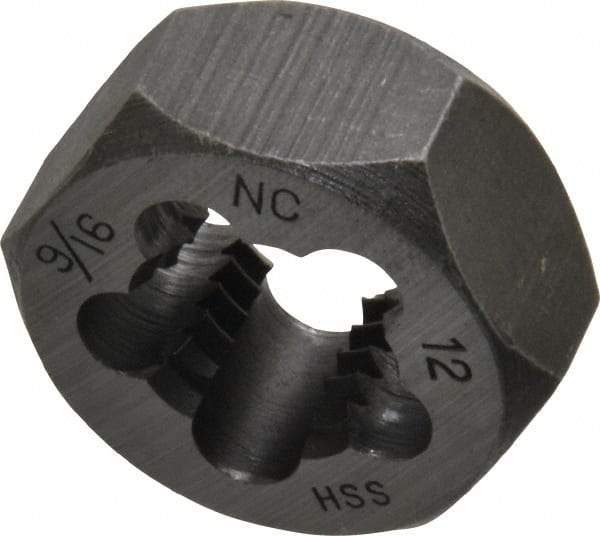 Interstate - 9/16-12 UNC Thread, 1-1/16" Hex, Right Hand Thread, Hex Rethreading Die - High Speed Steel, 1/2" Thick - Exact Tool & Supply