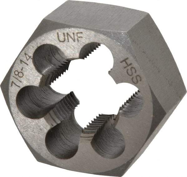 Interstate - 7/8-14 UNF Thread, 1-5/8" Hex, Right Hand Thread, Hex Rethreading Die - High Speed Steel, 7/8" Thick - Exact Tool & Supply