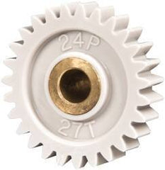 Made in USA - 24 Pitch, 1-1/8" Pitch Diam, 1.208" OD, 27 Tooth Spur Gear - 1/4" Face Width, 1/4" Bore Diam, 5/8" Hub Diam, 20° Pressure Angle, Acetal - Exact Tool & Supply