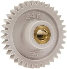 Made in USA - 24 Pitch, 1-1/2" Pitch Diam, 1.583" OD, 36 Tooth Spur Gear - 1/4" Face Width, 1/4" Bore Diam, 5/8" Hub Diam, 20° Pressure Angle, Acetal - Exact Tool & Supply