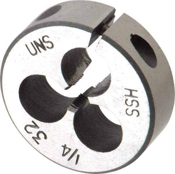 Interstate - 1/4-32 UNEF Thread, 1-1/2" Outside Diam High Speed Steel Round Die - Right Hand Thread, Adjustable - Exact Tool & Supply