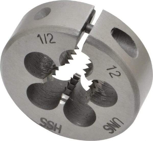Interstate - 1/2-12 UNS Thread, 1-1/2" Outside Diam High Speed Steel Round Die - Right Hand Thread, Adjustable - Exact Tool & Supply