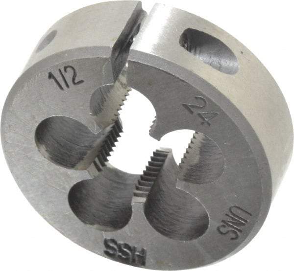 Interstate - 1/2-24 UNS Thread, 1-1/2" Outside Diam High Speed Steel Round Die - Right Hand Thread, Adjustable - Exact Tool & Supply