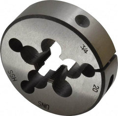 Interstate - 3/4-20 UNEF Thread, 2-1/2" Outside Diam High Speed Steel Round Die - Right Hand Thread, Adjustable - Exact Tool & Supply