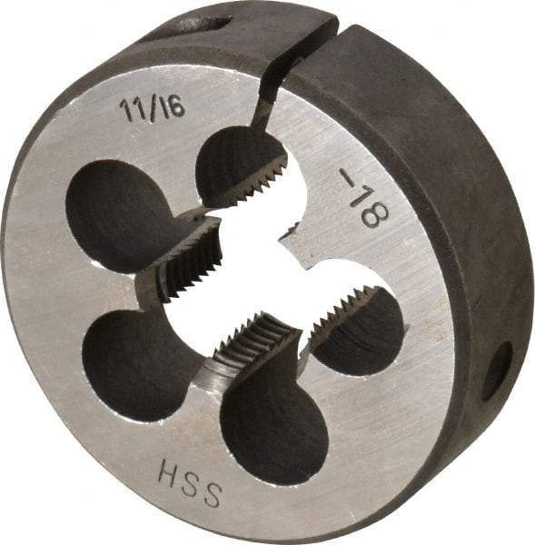 Interstate - 11/16-18 UNEF Thread, 2" Outside Diam High Speed Steel Round Die - Right Hand Thread, Adjustable - Exact Tool & Supply