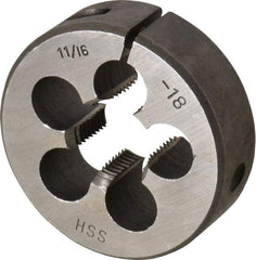 Interstate - 11/16-18 UNEF Thread, 2" Outside Diam High Speed Steel Round Die - Right Hand Thread, Adjustable - Exact Tool & Supply