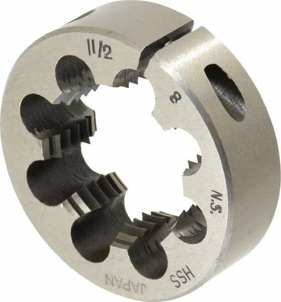 Interstate - 1-1/2 - 8 UNS Thread, 2-1/2" Outside Diam High Speed Steel Round Die - Right Hand Thread, Adjustable - Exact Tool & Supply