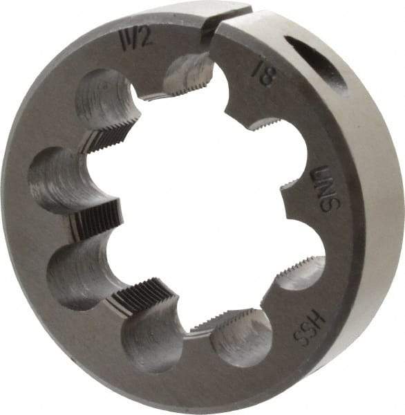 Interstate - 1-1/2 - 18 UNEF Thread, 2-1/2" Outside Diam High Speed Steel Round Die - Right Hand Thread, Adjustable - Exact Tool & Supply