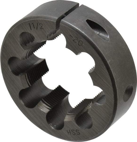 Interstate - 1-1/2 - 20 UNS Thread, 2-1/2" Outside Diam High Speed Steel Round Die - Right Hand Thread, Adjustable - Exact Tool & Supply