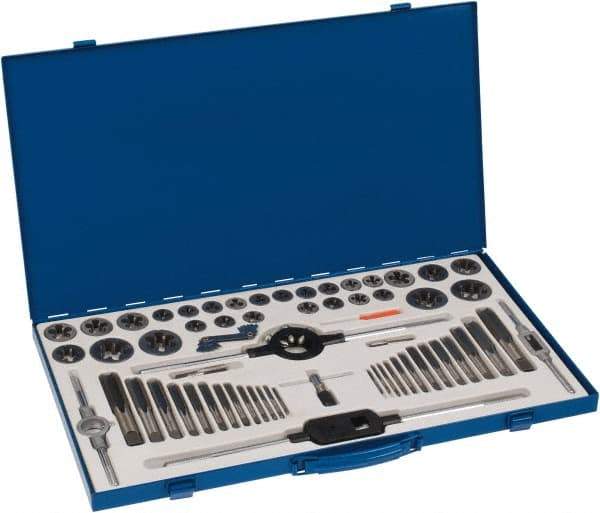 Interstate - #4-40 to 1-14 Tap, NPT, UNC, UNF, Tap and Die Set - Carbon Steel, Carbon Steel Taps, Nonadjustable, 64 Piece Set with Metal Case - Exact Tool & Supply