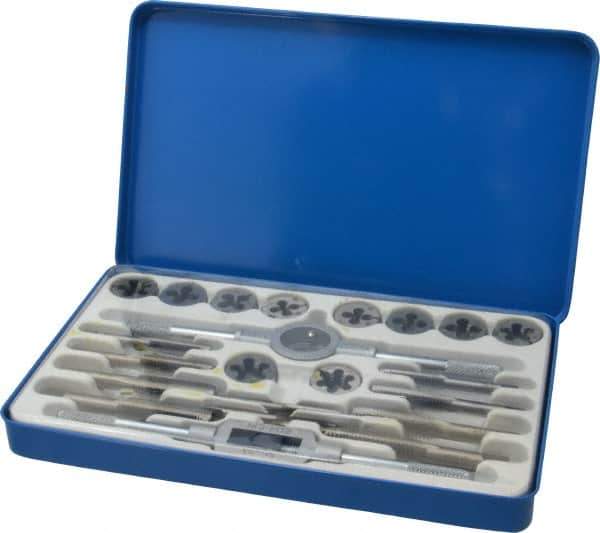 Interstate - 1/4-20 to 1/2-20 Tap, UNC, UNF, Tap and Die Set - Carbon Steel, Carbon Steel Taps, Adjustable, 22 Piece Set with Metal Case - Exact Tool & Supply