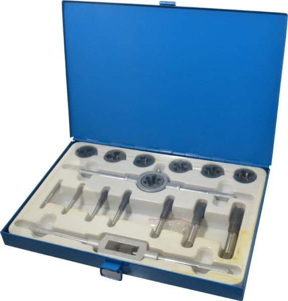 Interstate - 1/4-20 to 3/4-10 Tap, UNC, Tap and Die Set - Carbon Steel, Carbon Steel Taps, Adjustable, 16 Piece Set with Metal Case - Exact Tool & Supply