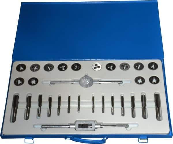 Interstate - 1/4-20 to 3/4-16 Tap, UNC, UNF, Tap and Die Set - Carbon Steel, Carbon Steel Taps, Nonadjustable, 30 Piece Set with Metal Case - Exact Tool & Supply