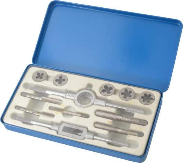 Interstate - 1/4-20 to 1/2-13 Tap, UNC, Tap and Die Set - High Speed Steel, High Speed Steel Taps, Adjustable, 12 Piece Set with Metal Case - Exact Tool & Supply