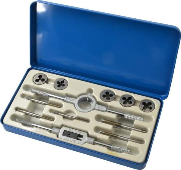 Interstate - M5x0.80 to M10x1.50 Tap, Metric Coarse, Tap and Die Set - High Speed Steel, High Speed Steel Taps, Adjustable, 12 Piece Set with Metal Case - Exact Tool & Supply