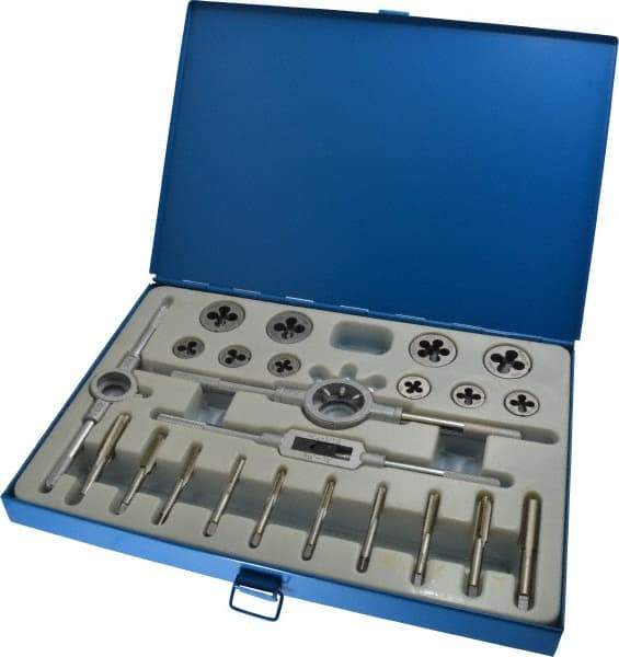 Interstate - M5x0.80 to M12x1.75 Tap, Metric Coarse, Metric Fine, Tap and Die Set - High Speed Steel, High Speed Steel Taps, Nonadjustable, 23 Piece Set with Metal Case - Exact Tool & Supply