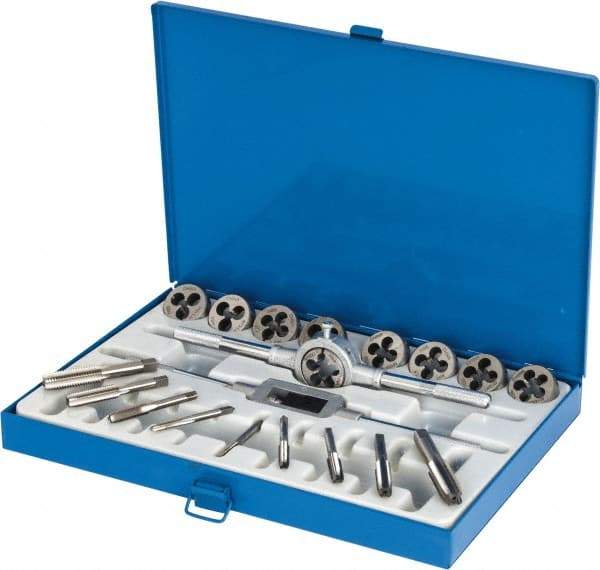 Interstate - M6x1.00 to M16x2.00 Tap, Metric Coarse, Tap and Die Set - High Speed Steel, High Speed Steel Taps, Adjustable, 20 Piece Set with Metal Case - Exact Tool & Supply