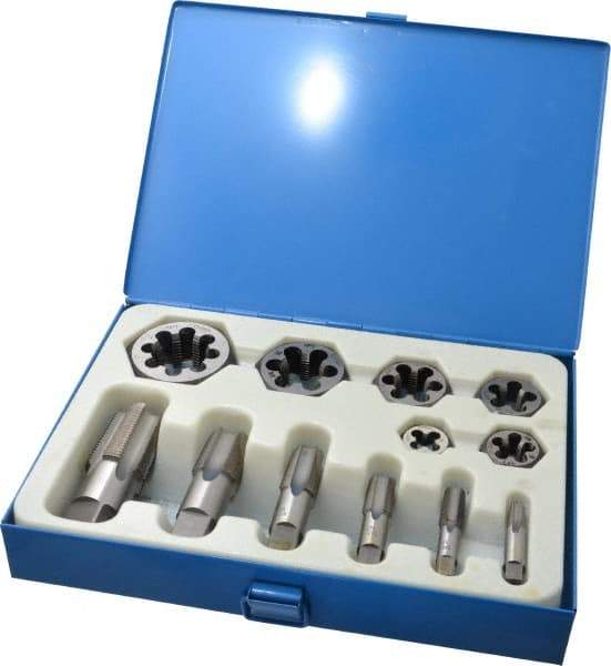 Interstate - 1/8-27 to 1 - 11-1/2 Tap, 1/8-27 to 1 - 11-1/2 Die, NPT, Tap and Die Set - Carbon Steel, Carbon Steel Taps, Nonadjustable, 12 Piece Set with Plastic Case - Exact Tool & Supply