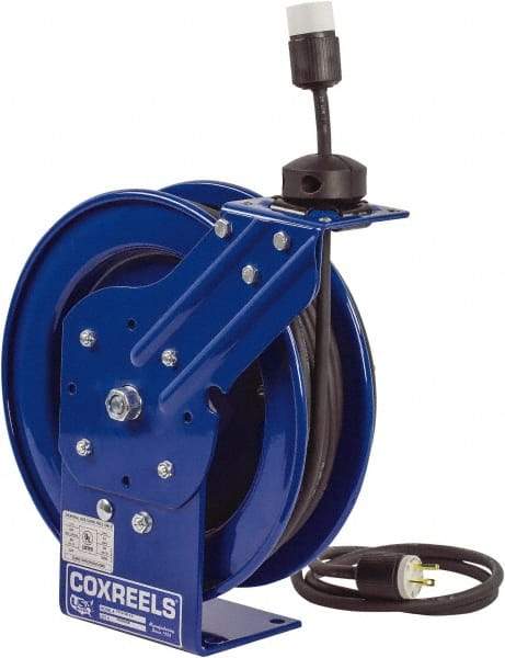 CoxReels - 16 AWG, 75' Cable Length, Cord & Cable Reel with Outlet End - 1 Outlet, NEMA 5-15R, 13 Amps, 115 Volts, SJO Cable, Blue Reel, Spring Driven Reel - Exact Tool & Supply