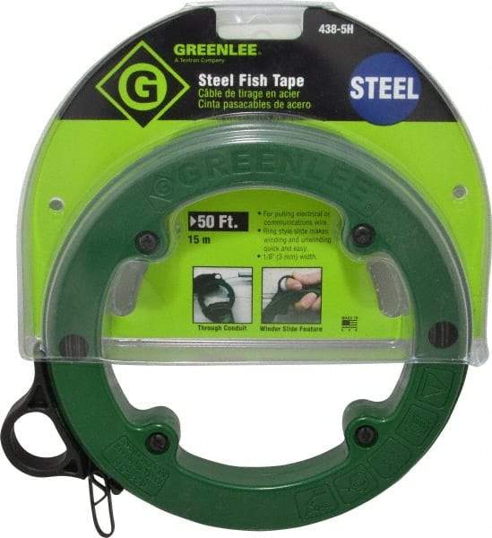 Greenlee - 50 Ft. Long x 1/8 Inch Wide, 3/64 Inch Thick, Steel Fish Tape - 400 Lb. Pulling Strength, Includes Case - Exact Tool & Supply