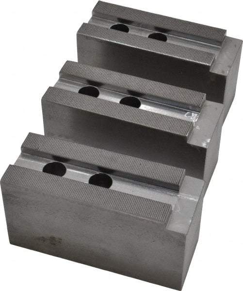 H & R Manufacturing - 15" Chuck Capacity, 1.5mm x 60° Serrated Attachment, Square Soft Lathe Chuck Jaw - 3 Jaws, Steel, 1.69" Btw Mount Hole Ctrs, 6-1/2" Long x 2-1/2" Wide x 3-1/2" High, 0.866" Groove, 20mm Fastener - Exact Tool & Supply