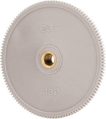 Made in USA - 48 Pitch, 2-1/2" Pitch Diam, 2.542" OD, 120 Tooth Spur Gear - 1/8" Face Width, 1/4" Bore Diam, 39/64" Hub Diam, 20° Pressure Angle, Acetal - Exact Tool & Supply