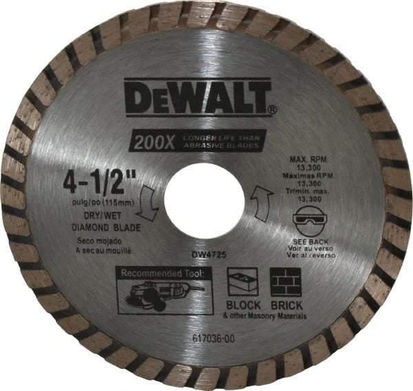 DeWALT - 4-1/2" Diam, 7/8" Arbor Hole Diam, Wet & Dry Cut Saw Blade - Diamond-Tipped, Standard Round Arbor - Exact Tool & Supply