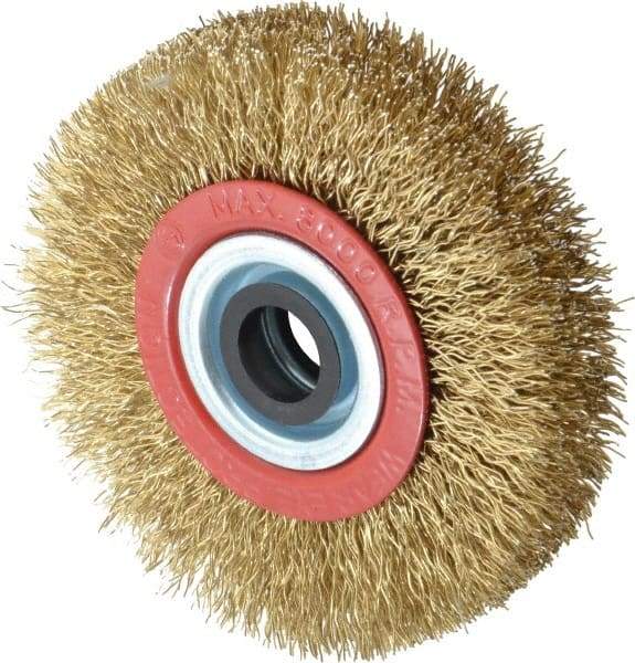 Value Collection - 4" OD, 3/4" Arbor Hole, Crimped Brass-Coated Steel Wheel Brush - 3/4" Face Width, 11/16" Trim Length, 0.014" Filament Diam, 8,000 RPM - Exact Tool & Supply