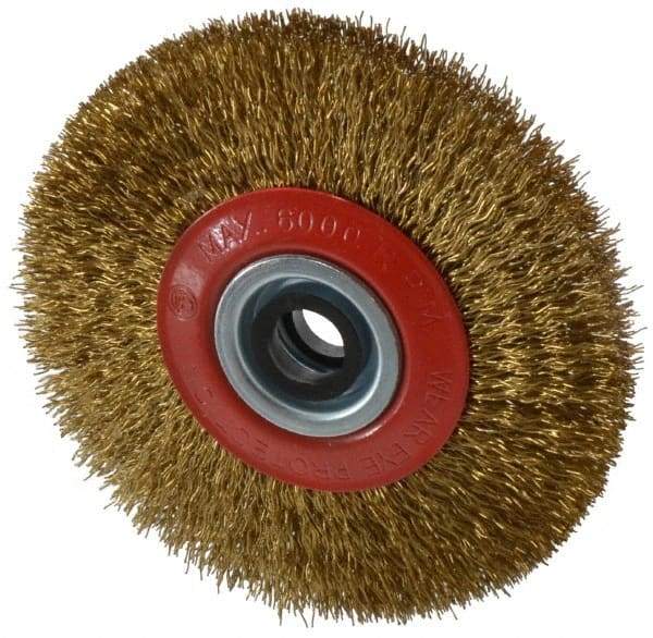 Value Collection - 5" OD, 3/4" Arbor Hole, Crimped Brass-Coated Steel Wheel Brush - 11/16" Face Width, 1-3/32" Trim Length, 0.014" Filament Diam, 6,000 RPM - Exact Tool & Supply