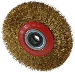 Value Collection - 5" OD, 3/4" Arbor Hole, Crimped Brass-Coated Steel Wheel Brush - 11/16" Face Width, 1-3/32" Trim Length, 0.014" Filament Diam, 6,000 RPM - Exact Tool & Supply