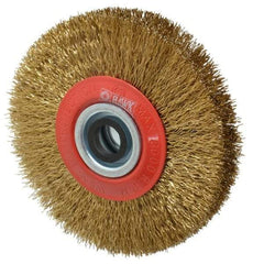 Value Collection - 5" OD, 3/4" Arbor Hole, Crimped Brass-Coated Steel Wheel Brush - 1" Face Width, 1-3/32" Trim Length, 0.014" Filament Diam, 6,000 RPM - Exact Tool & Supply